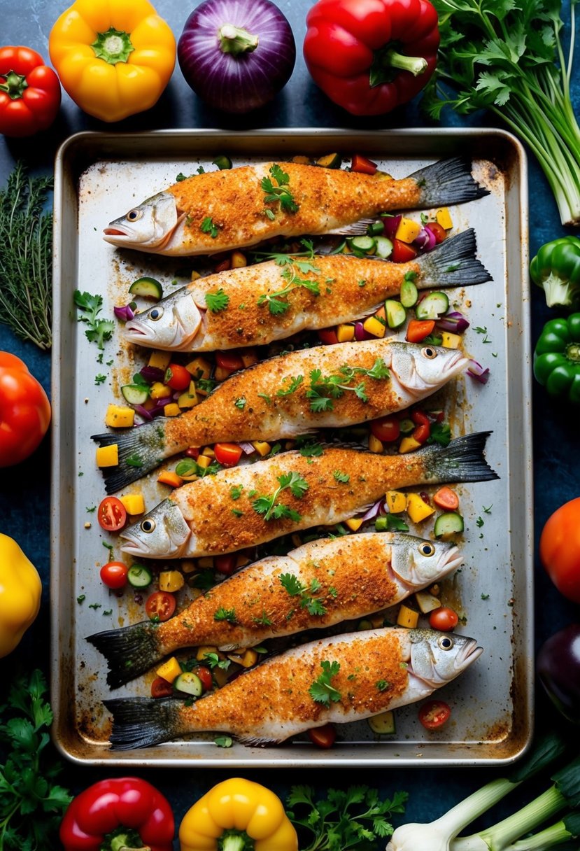 A colorful array of Cajun-spiced grouper fillets arranged on a baking sheet, surrounded by vibrant vegetables and herbs, ready to be baked to perfection