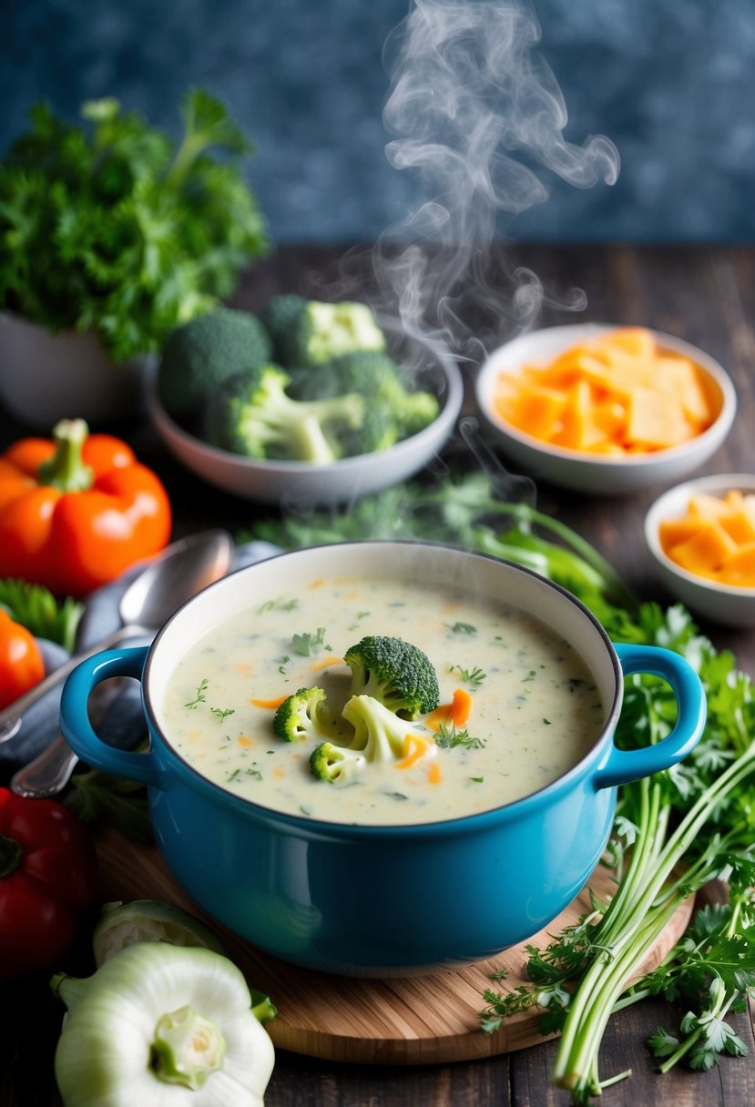 A steaming pot of creamy broccoli cheddar soup surrounded by fresh vegetables and herbs