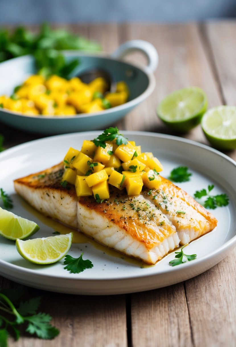 A golden-brown baked grouper fillet topped with vibrant mango salsa on a white ceramic plate, garnished with fresh herbs and lime wedges