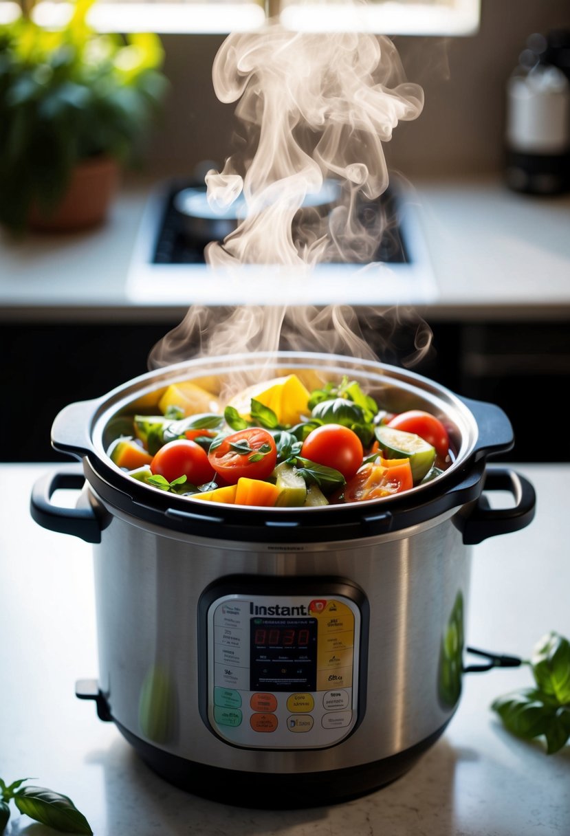 A steaming instant pot filled with vibrant vegetables, tomatoes, and basil, emitting a zesty aroma