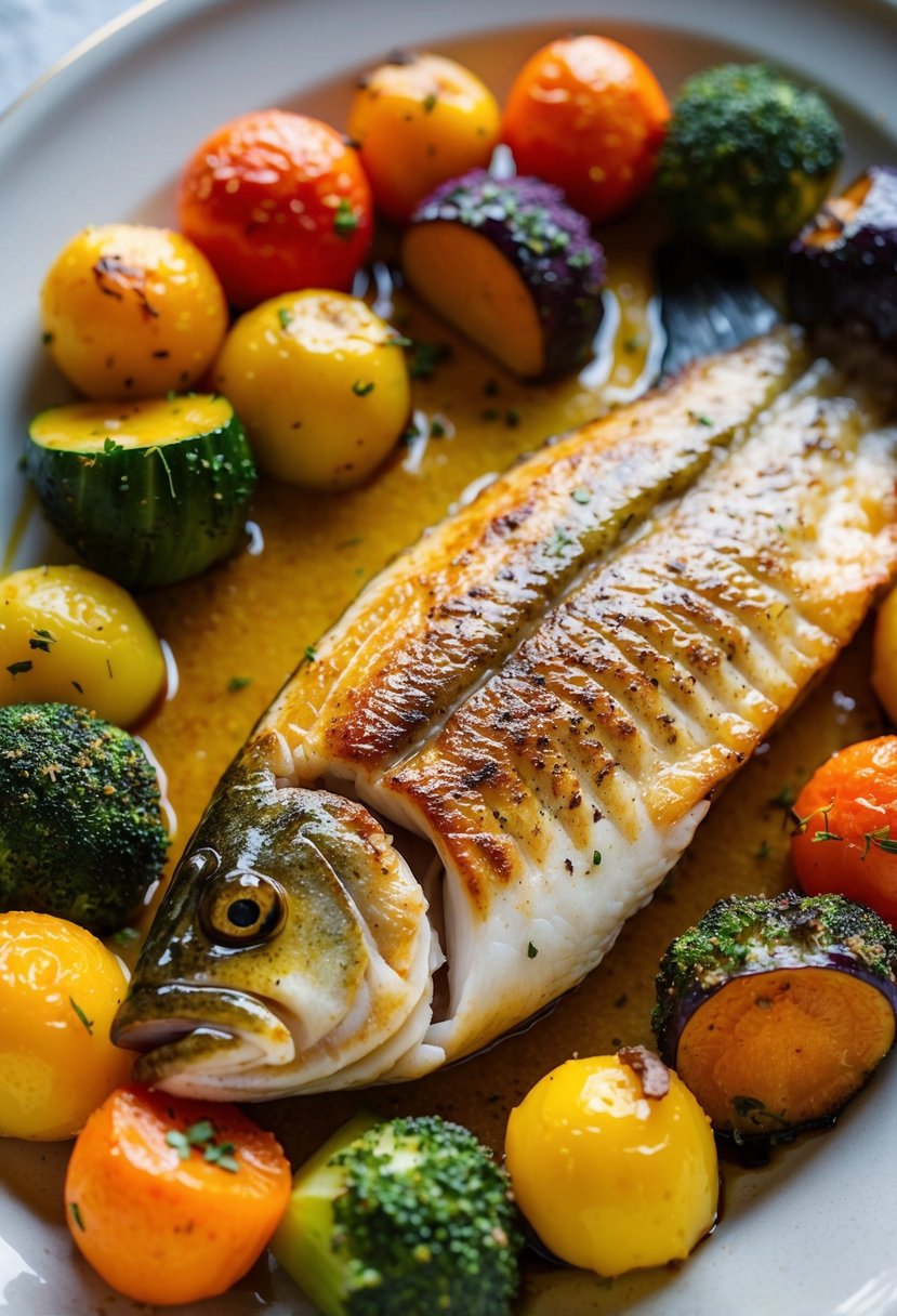 A golden-brown baked grouper fillet surrounded by colorful roasted vegetables on a white ceramic plate