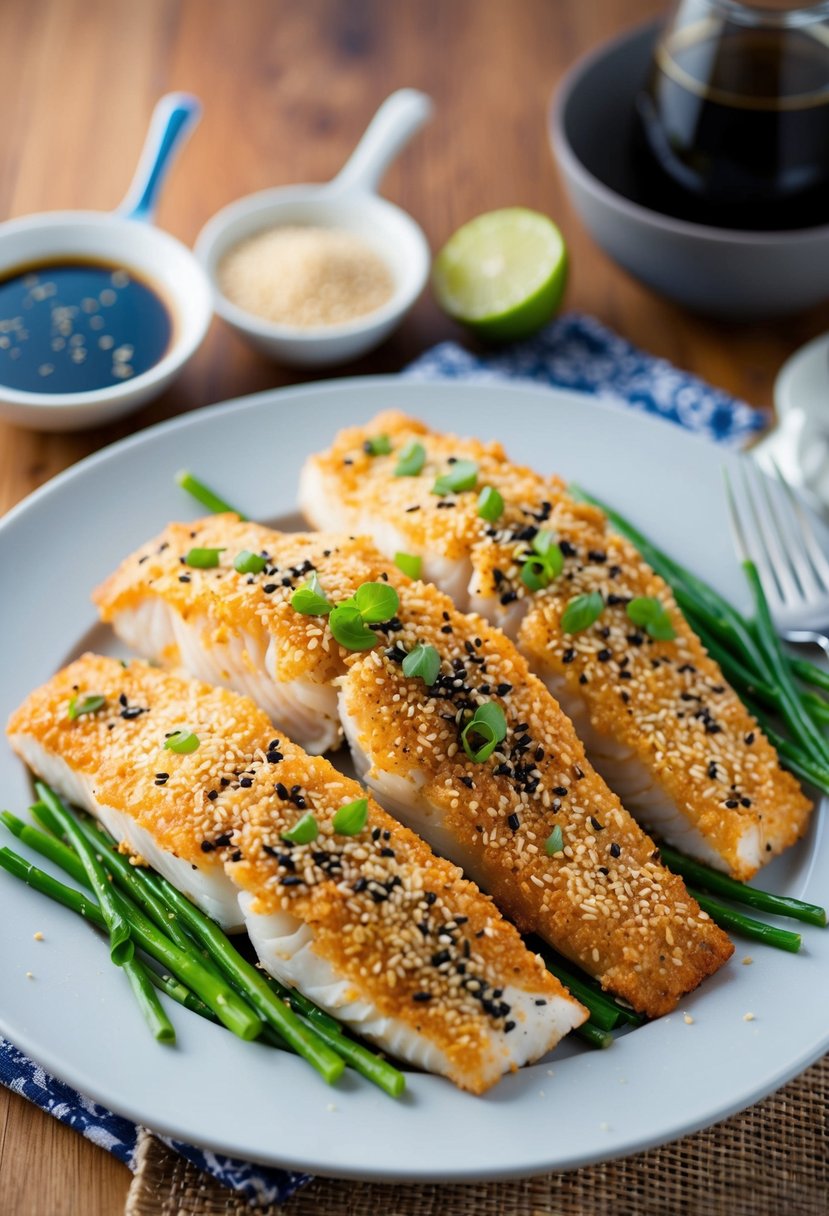 A platter of sesame-crusted grouper fillets with Asian-inspired seasoning, baked to perfection