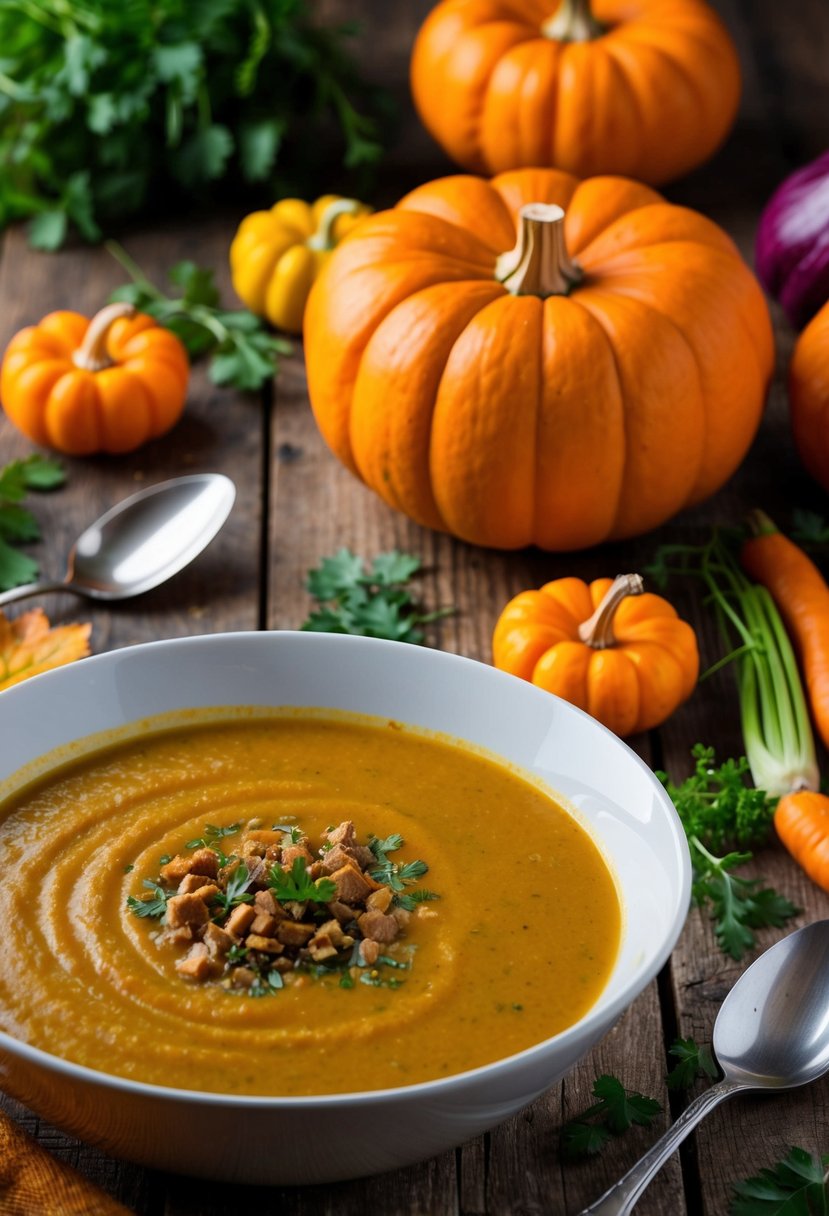 A steaming bowl of spiced pumpkin soup sits on a rustic wooden table, surrounded by colorful fall vegetables and a sprinkle of fresh herbs