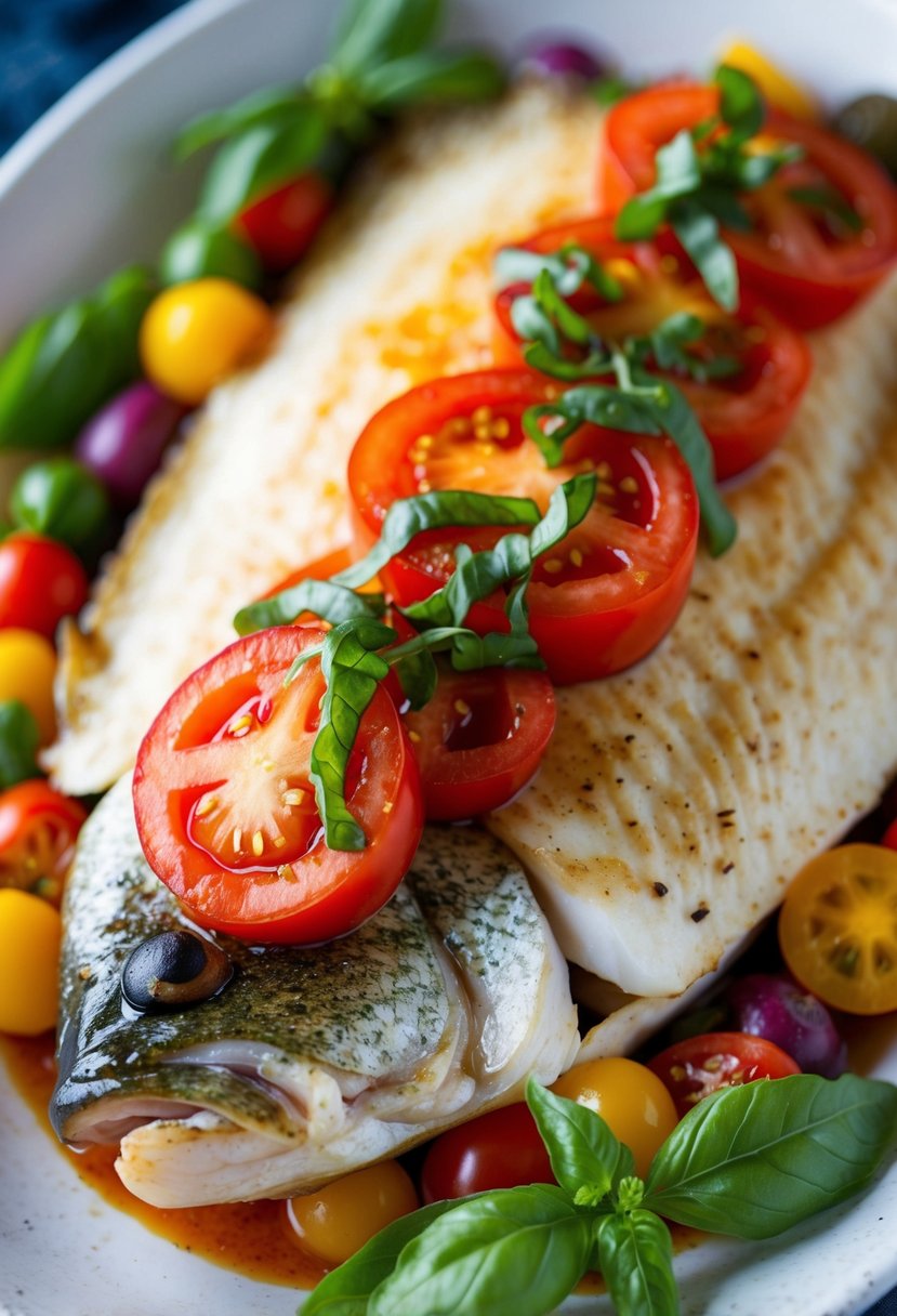 A golden-brown grouper fillet topped with a vibrant tomato and basil sauce, surrounded by colorful vegetables on a white ceramic plate