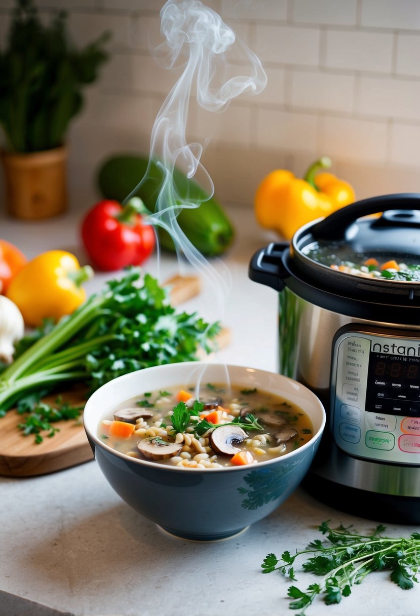 A steaming bowl of mushroom barley soup surrounded by fresh vegetables and herbs, sitting next to an instant pot on a kitchen counter