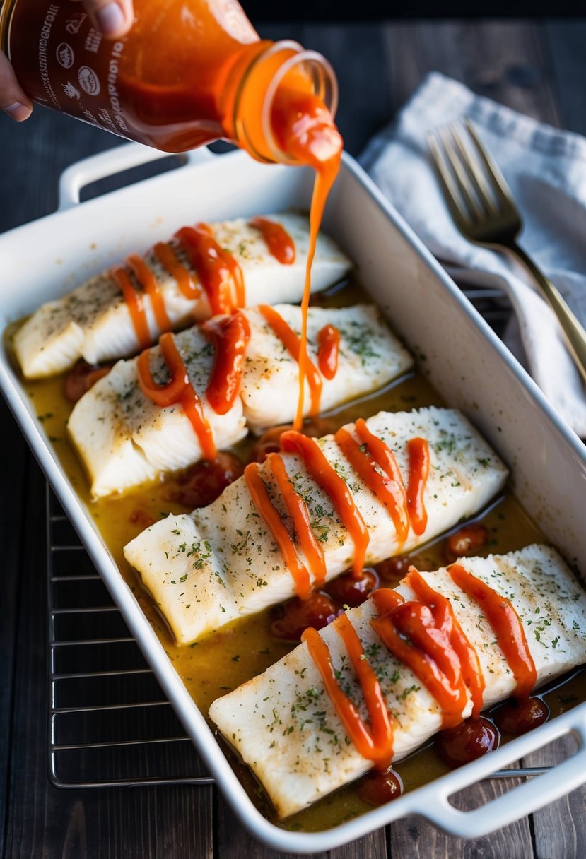 A baking dish filled with seasoned grouper fillets drizzled with spicy Sriracha sauce, ready to be placed in the oven