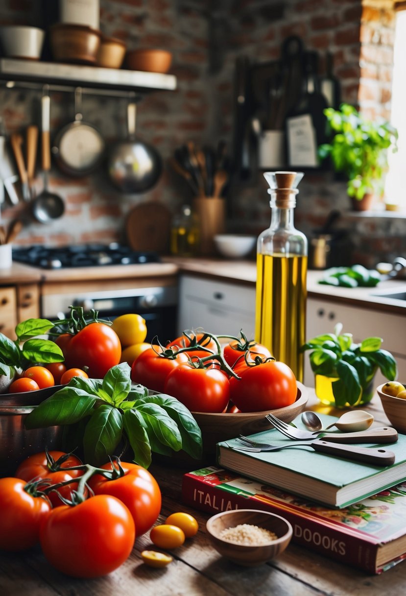 A rustic kitchen filled with fresh ingredients, including ripe tomatoes, fragrant basil, and golden olive oil, surrounded by Italian cookbooks and vintage cooking utensils