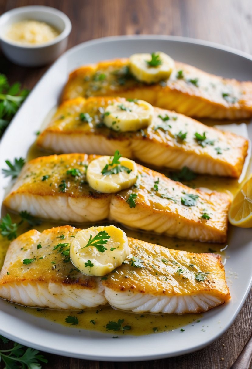 A platter of golden-brown grouper fillets, glistening with garlic butter, fresh out of the oven