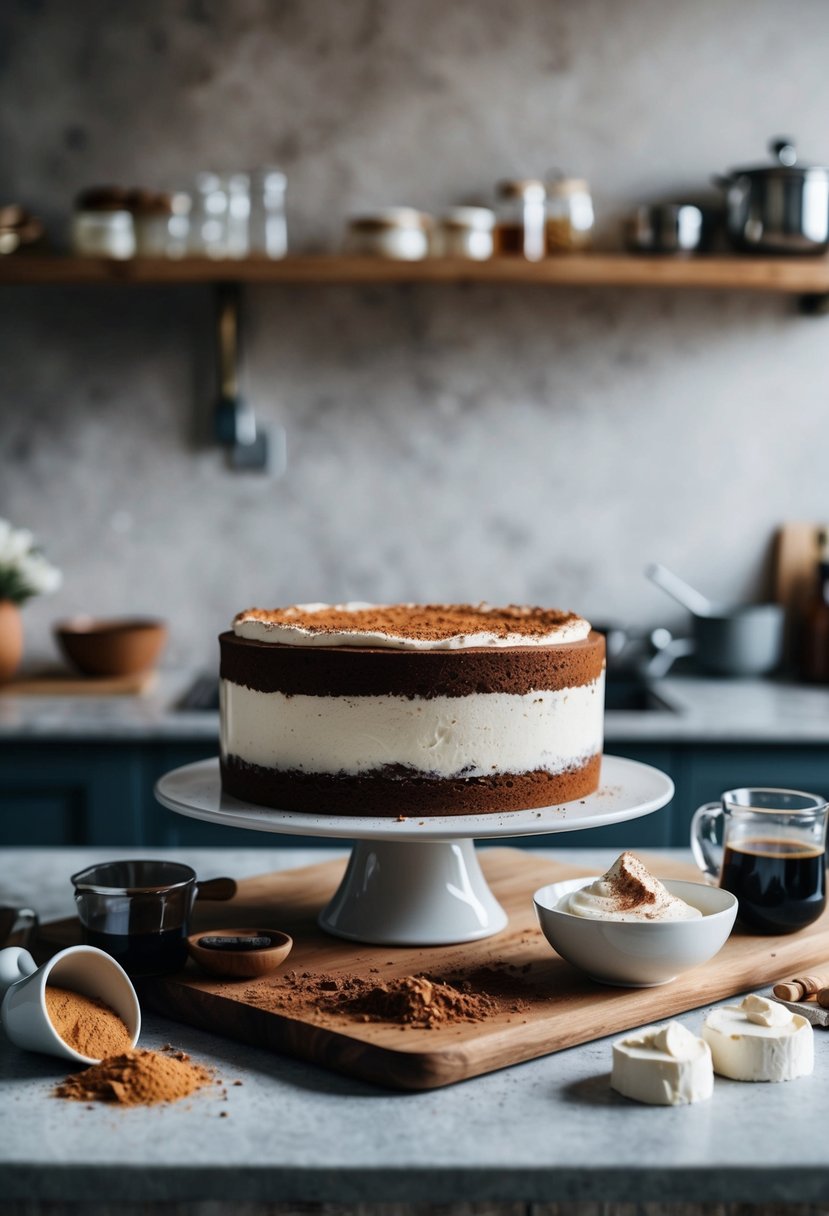 A rustic kitchen counter with a freshly made tiramisu cake, surrounded by ingredients like cocoa powder, coffee, and mascarpone cheese