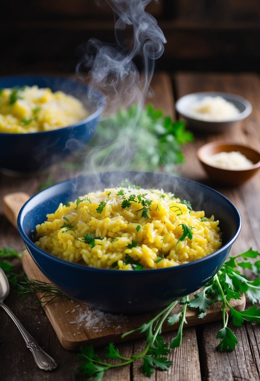 A steaming pot of saffron-infused risotto sits on a rustic wooden table, surrounded by vibrant fresh herbs and a sprinkle of parmesan cheese