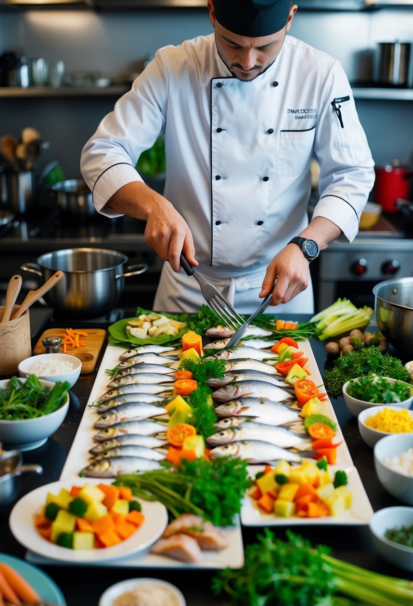 A chef preparing a colorful array of swai fish dishes with fresh vegetables and herbs, surrounded by a variety of cooking utensils and kitchen ingredients