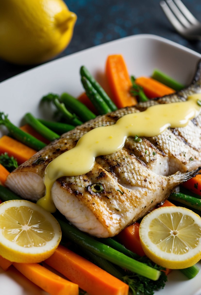 A sizzling grilled swai fish fillet drizzled with lemon butter sauce, surrounded by colorful steamed vegetables