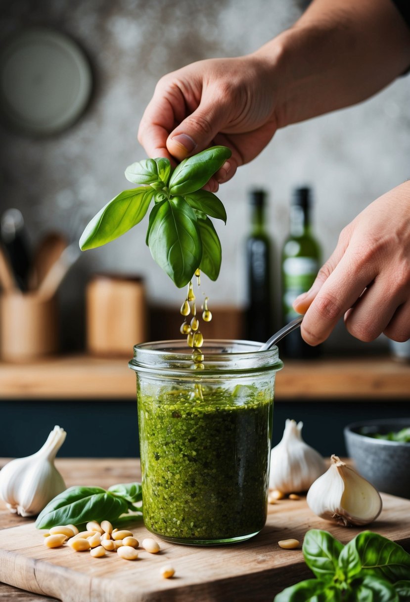 A pesto Genovese recipe being prepared with fresh basil, pine nuts, garlic, and olive oil in a rustic Italian kitchen