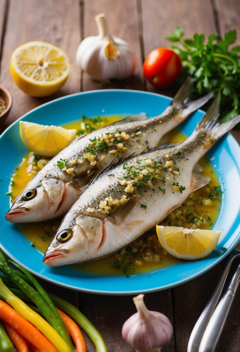 A plate of baked swai fish garnished with garlic and herbs, surrounded by colorful vegetables and a slice of lemon