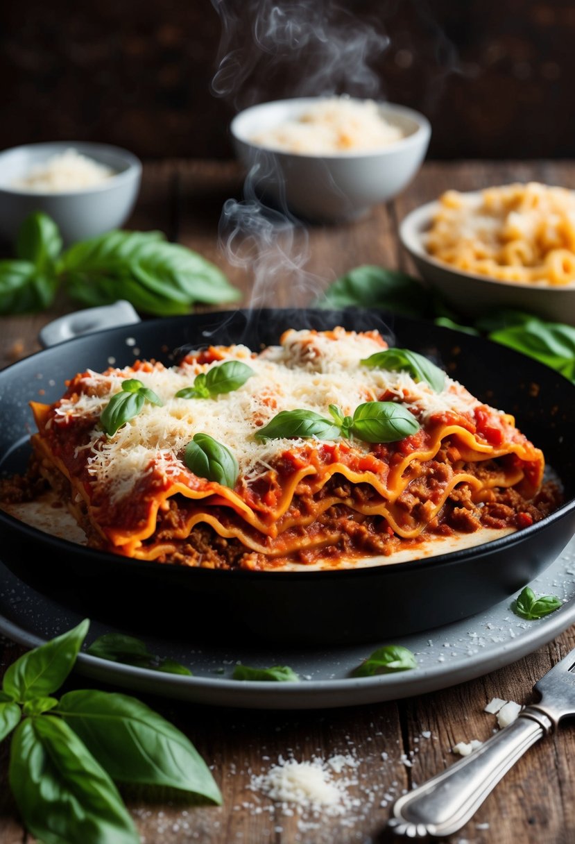 A steaming hot lasagna Bolognese sits on a rustic wooden table, surrounded by fresh basil leaves and a sprinkling of grated Parmesan cheese