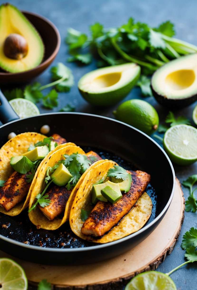 A sizzling pan of blackened swai fish tacos, surrounded by vibrant, fresh ingredients like avocado, cilantro, and lime