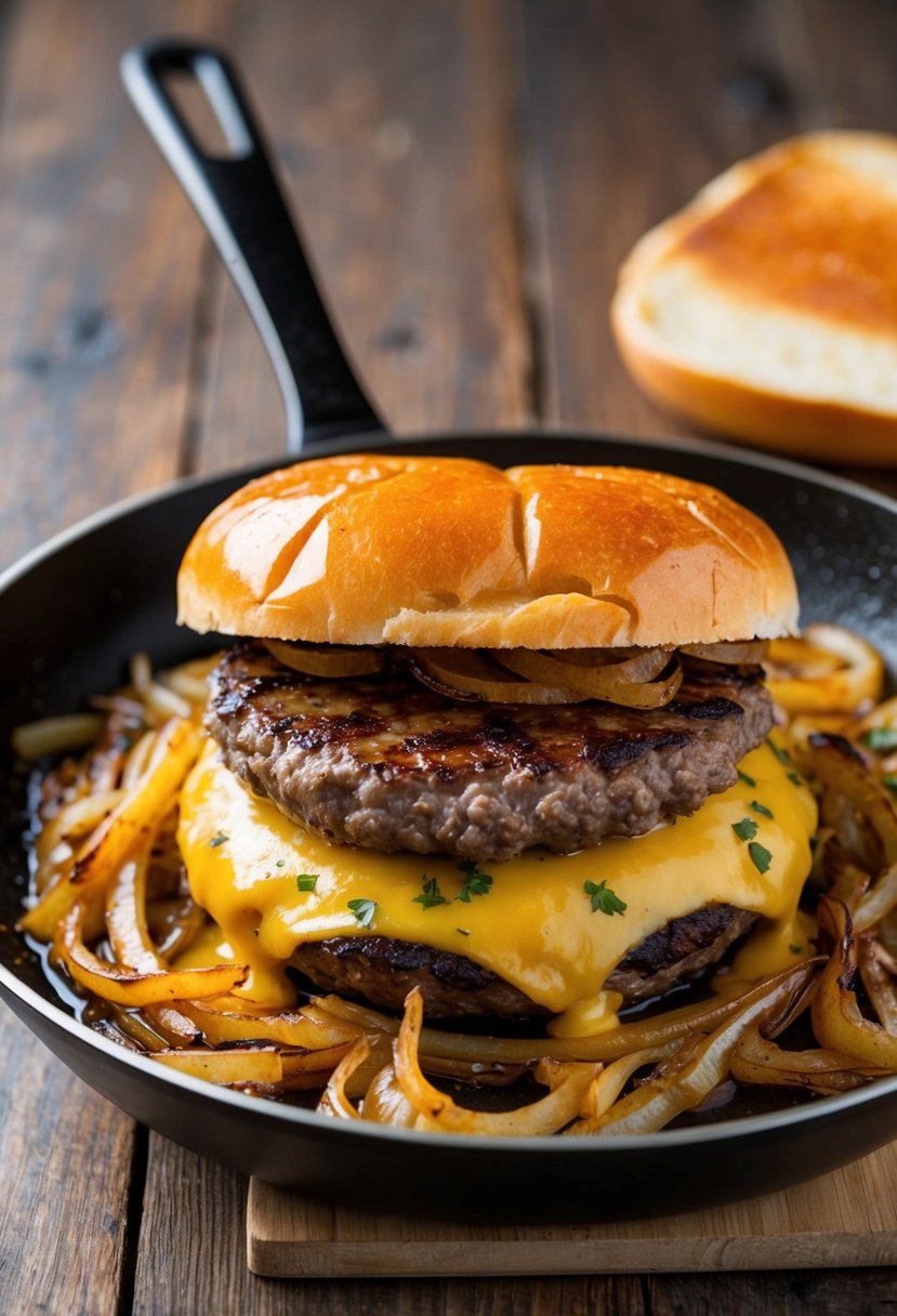 A sizzling skillet with a juicy hamburger patty surrounded by caramelized onions, melted cheese, and a golden toasted bun