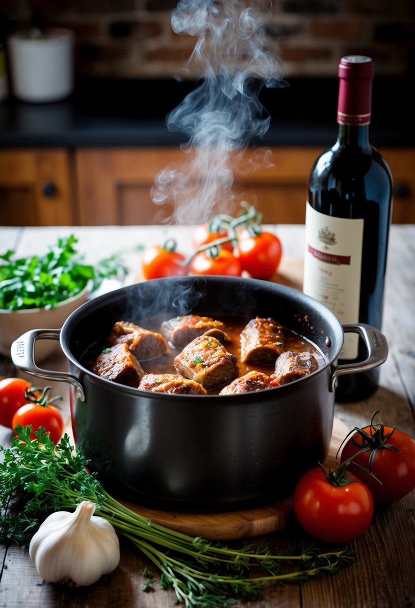 A rustic kitchen with a steaming pot of Osso Buco, surrounded by fresh herbs, tomatoes, and garlic. A bottle of red wine sits nearby