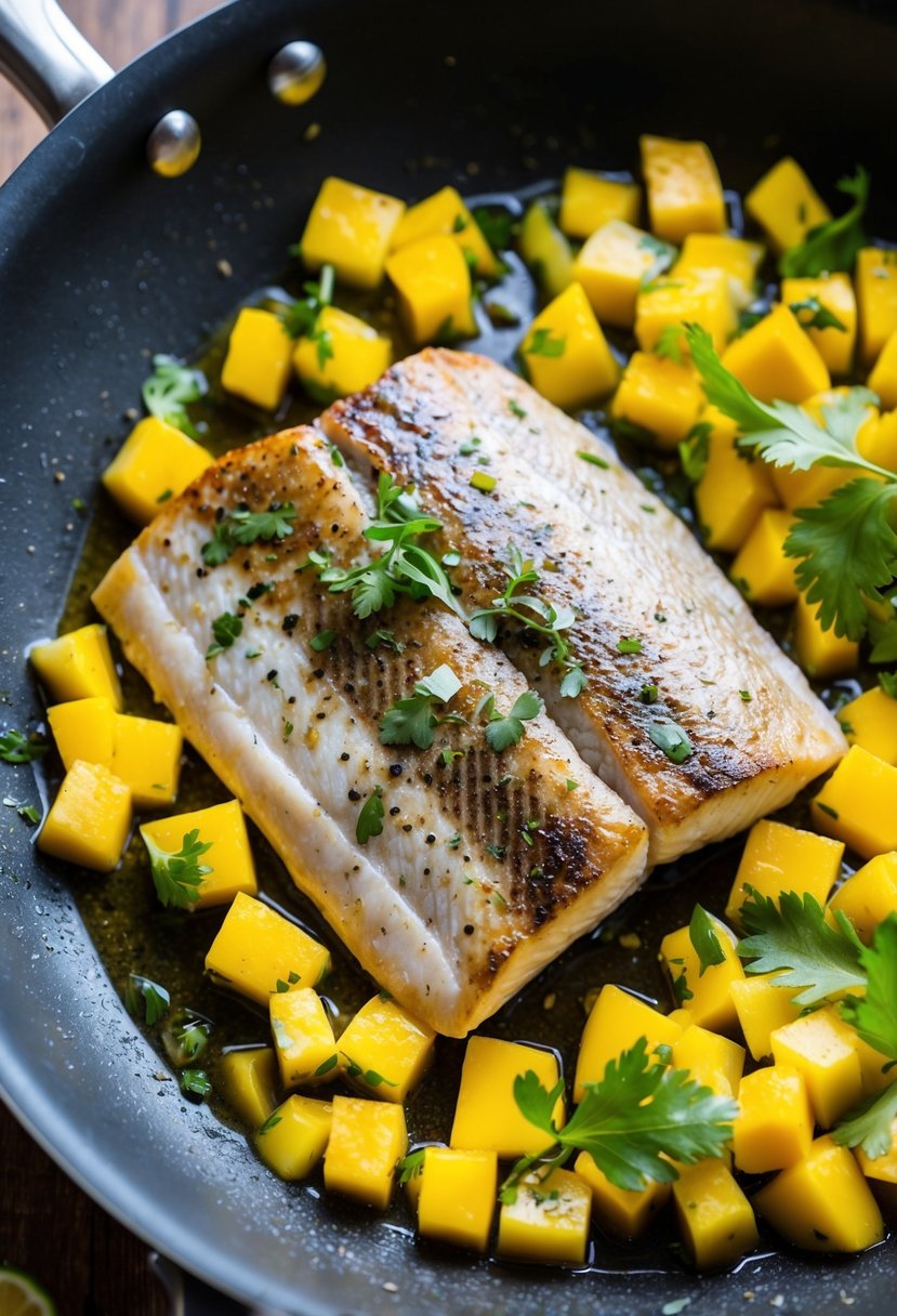 A sizzling swai fillet searing in a hot pan, surrounded by vibrant, diced mango salsa and fresh herbs