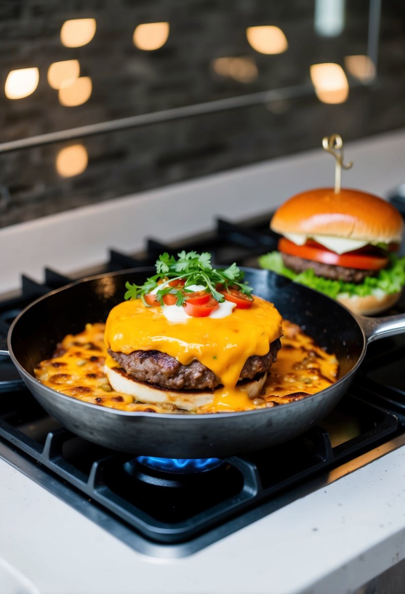 A sizzling cheeseburger skillet on a stovetop, with bubbling melted cheese, juicy hamburger patty, and fresh toppings