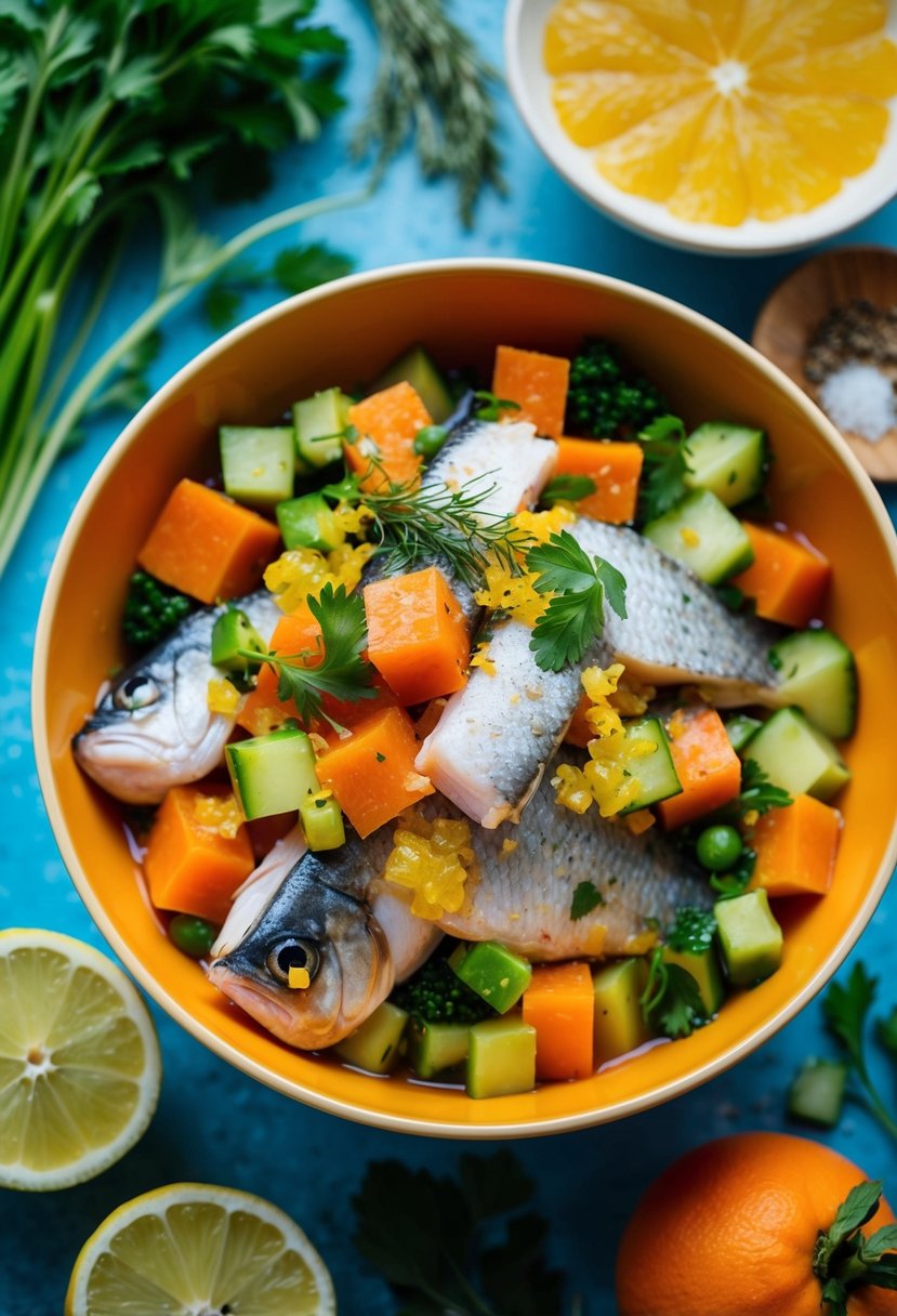 A colorful bowl filled with diced swai fish, vibrant vegetables, and zesty citrus juice, surrounded by fresh herbs and spices