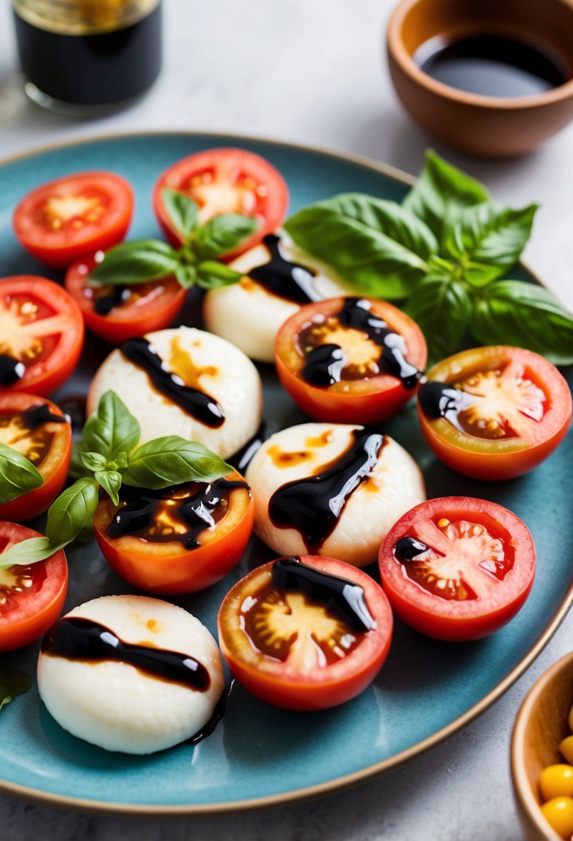 A colorful plate with fresh tomatoes, mozzarella, basil, and balsamic glaze