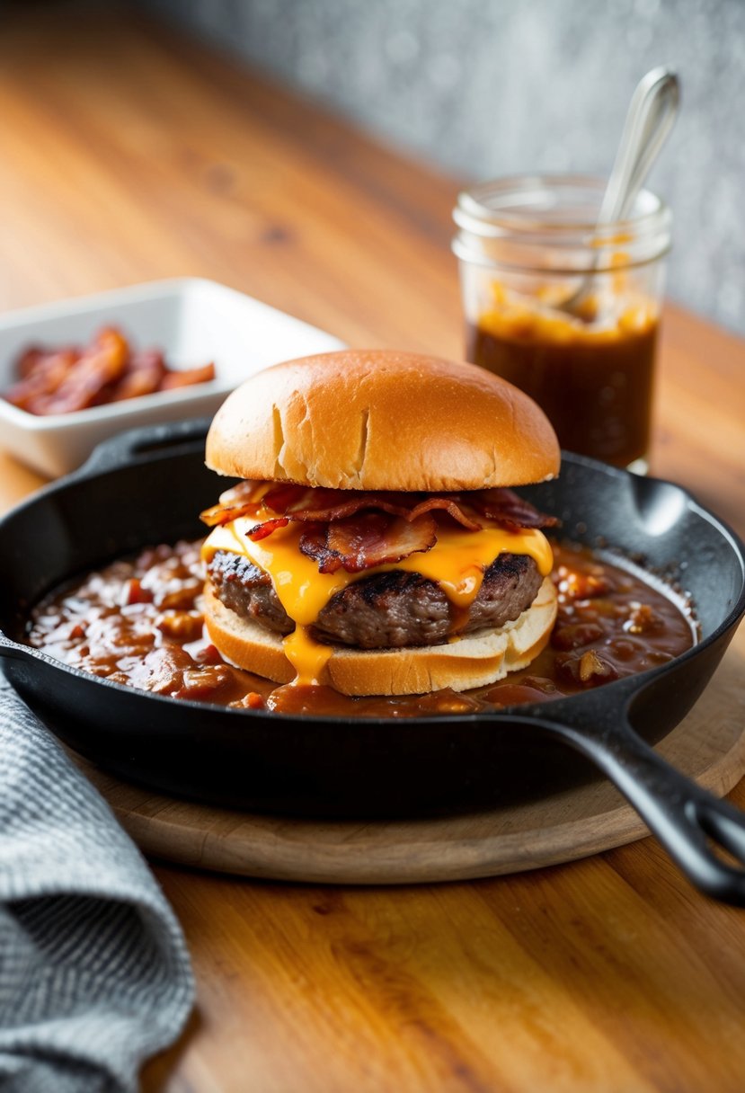 A sizzling skillet with a juicy bacon burger topped with barbecue sauce and melted cheese