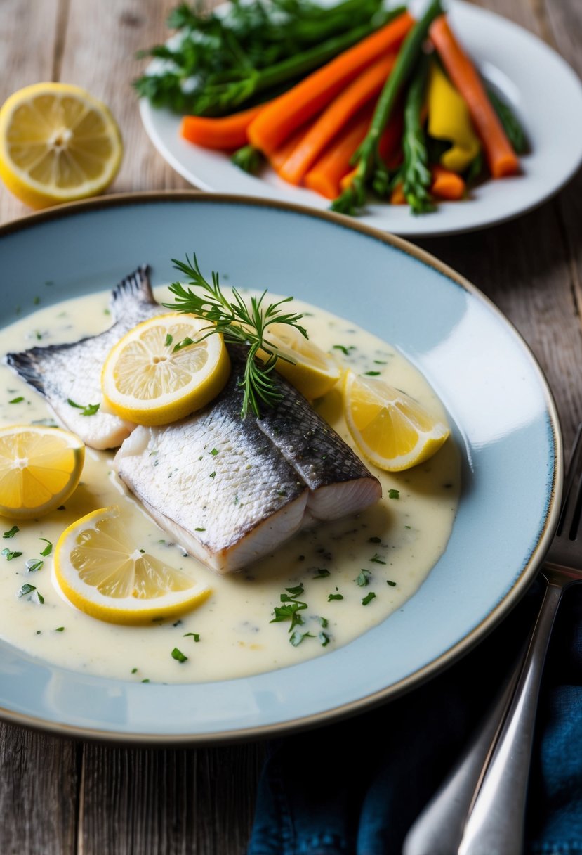 A plate of swai fish in a creamy white wine sauce, garnished with fresh herbs and lemon slices, served with a side of colorful steamed vegetables