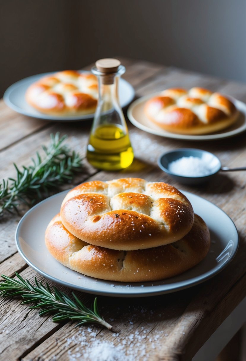 A rustic kitchen table with freshly baked focaccia bread, olive oil, rosemary, and sea salt