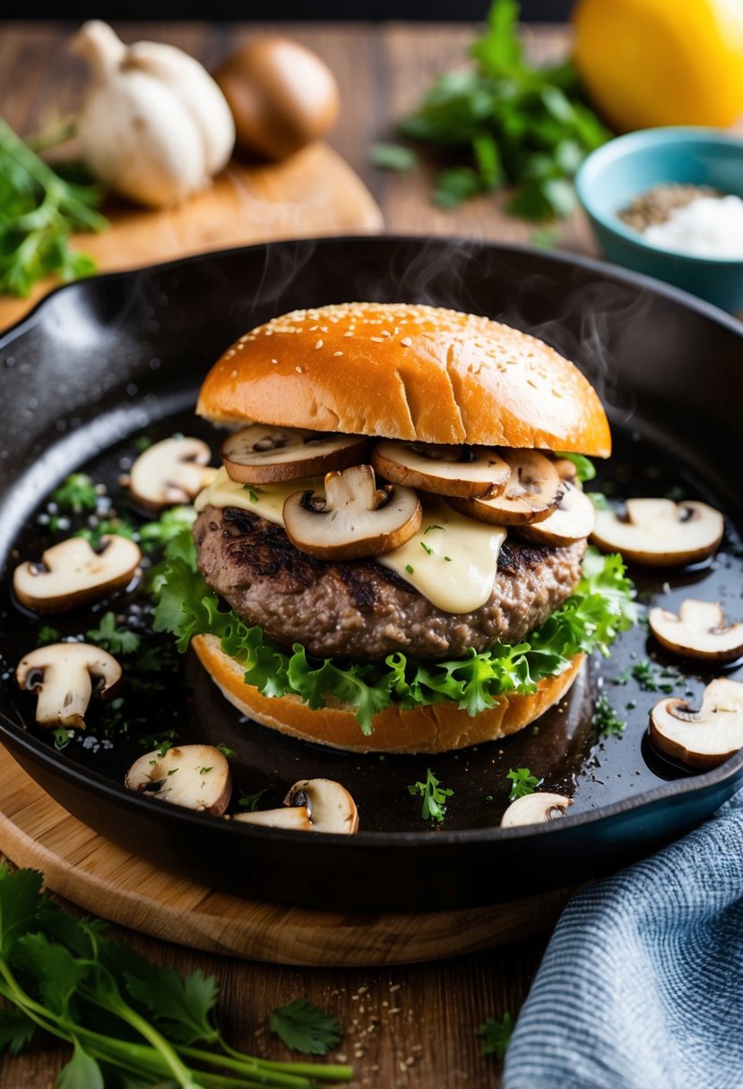 A sizzling skillet filled with a Mushroom Swiss hamburger, surrounded by fresh ingredients and seasonings