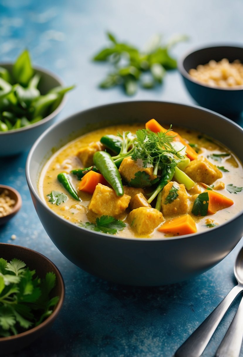 A steaming bowl of Thai coconut swai curry with vibrant vegetables and fragrant herbs