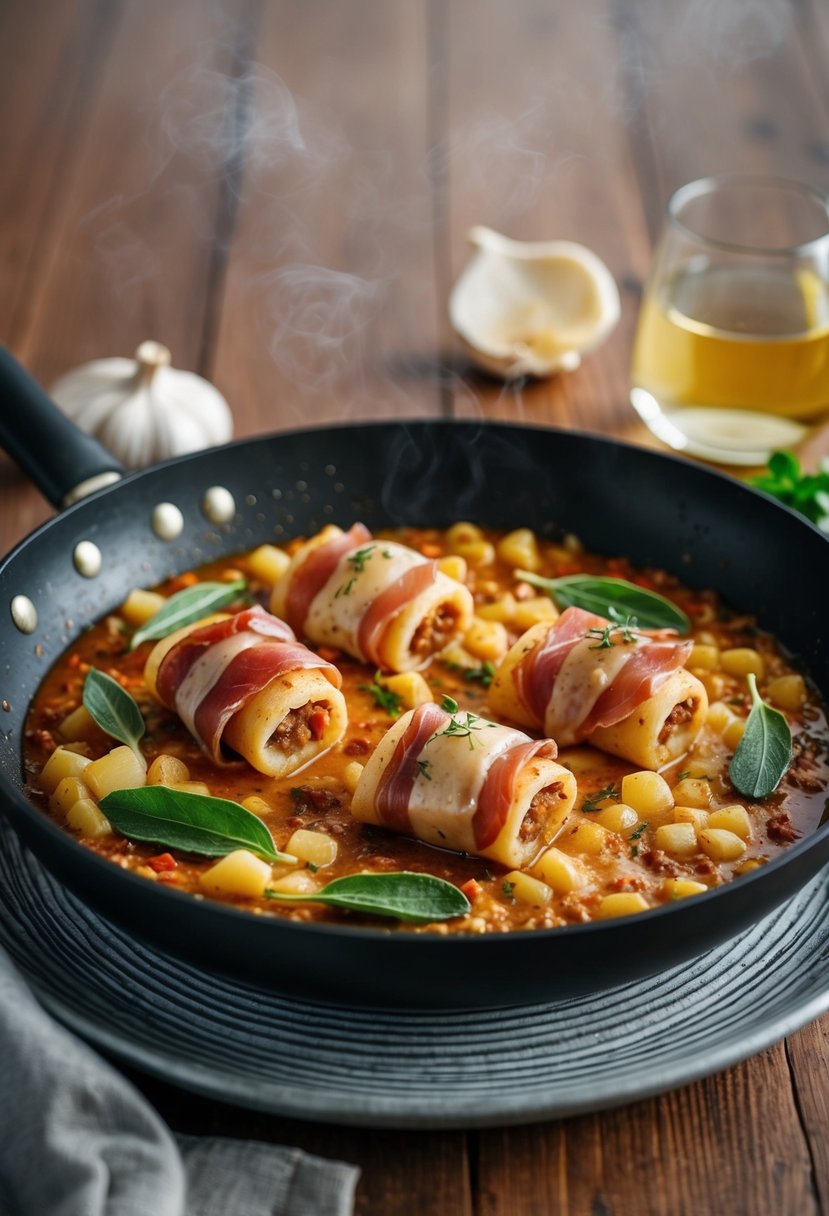 A sizzling pan of Saltimbocca alla Romana with prosciutto and sage cooking in a fragrant garlic and white wine sauce