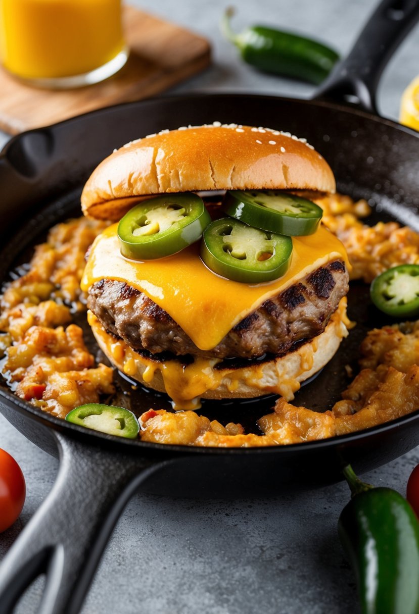 A sizzling skillet with a juicy jalapeño burger, topped with melted cheese and surrounded by colorful ingredients