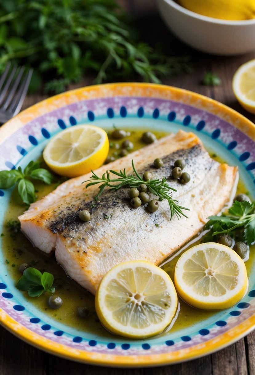 A colorful plate with a cooked swai fillet, surrounded by lemon slices and capers, garnished with fresh herbs