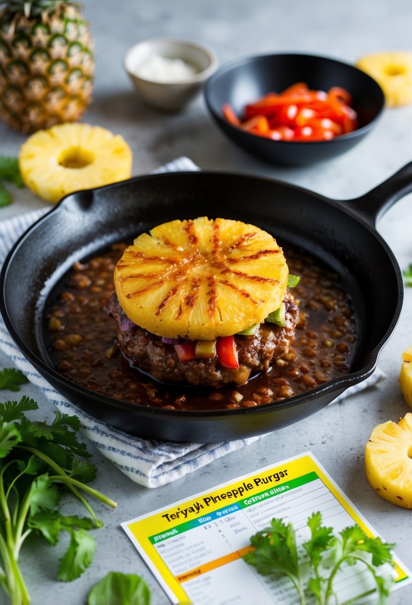 A sizzling skillet with a juicy teriyaki pineapple burger, surrounded by ingredients and a recipe card