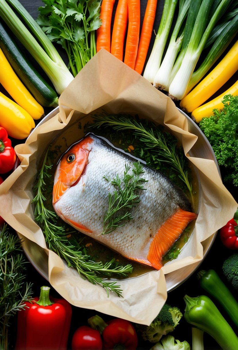 A colorful array of fresh vegetables surrounds a perfectly cooked swai fish fillet, all wrapped in parchment paper and steaming with fragrant herbs