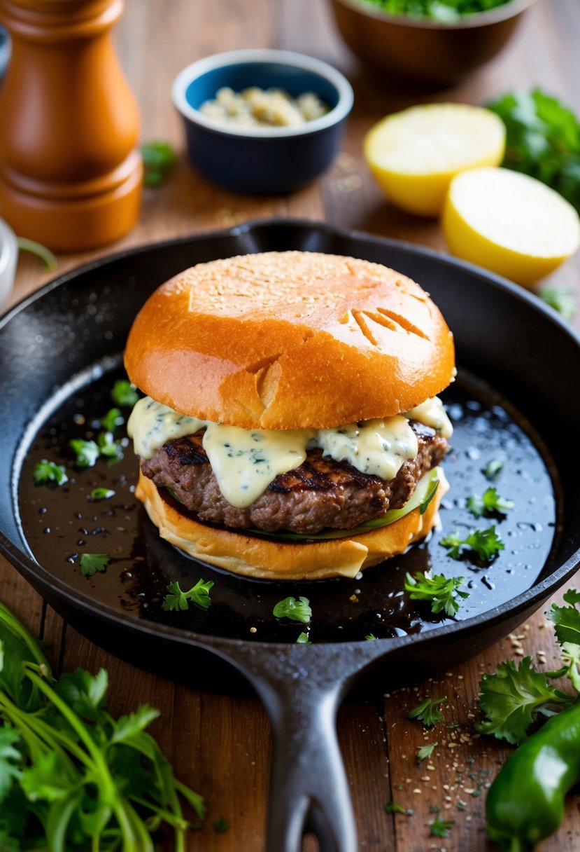 A sizzling skillet with a juicy burger topped with melted blue cheese, surrounded by fresh ingredients and seasonings