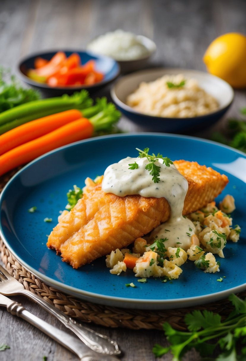 A plate of crispy swai fish topped with tartar sauce, surrounded by colorful vegetables and herbs