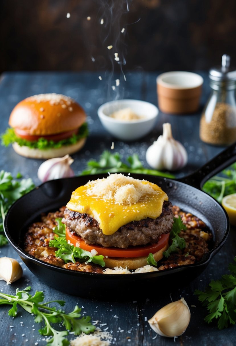 A sizzling skillet burger topped with garlic and parmesan, surrounded by fresh ingredients and seasonings