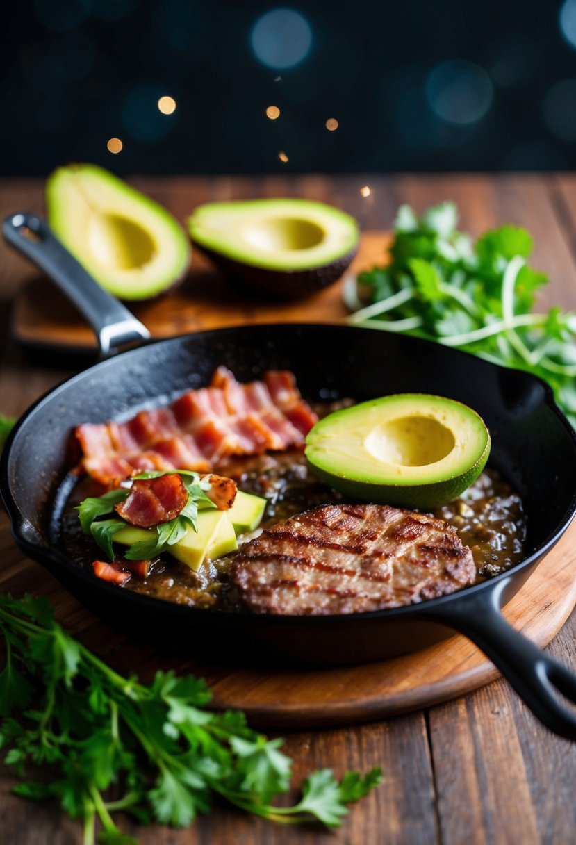 A sizzling skillet with avocado, bacon, and hamburger ingredients