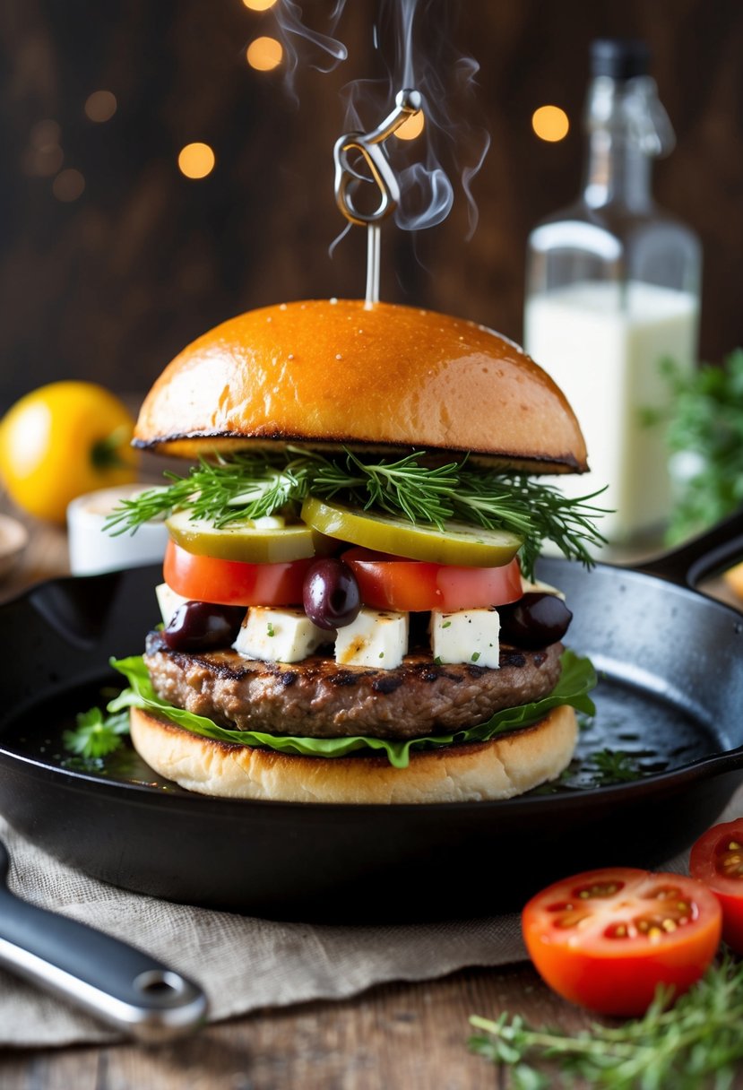 A sizzling skillet with a juicy Mediterranean burger topped with feta, olives, tomatoes, and fresh herbs