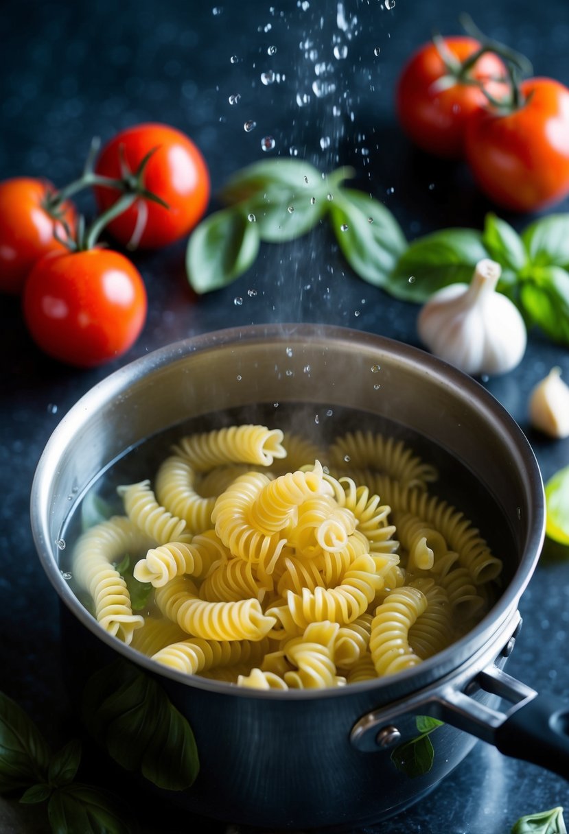 A pot of boiling water with corkscrew pasta swirling inside, surrounded by fresh ingredients like tomatoes, basil, and garlic