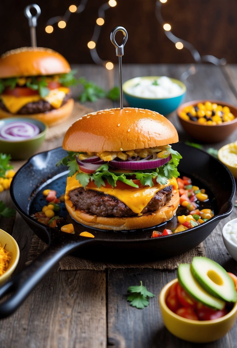 A sizzling skillet with a juicy Southwest Fiesta Burger surrounded by colorful toppings and condiments