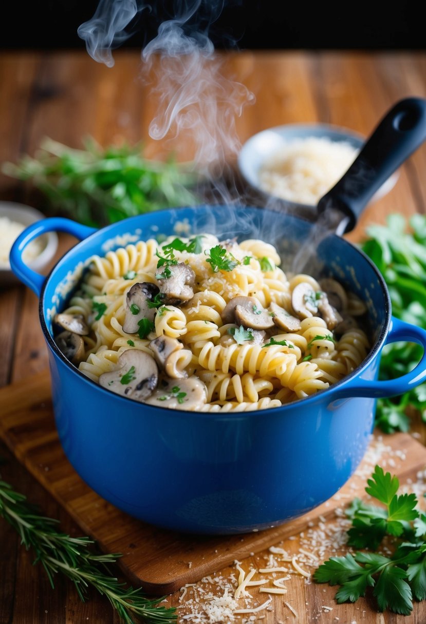 A steaming pot of corkscrew pasta mixed with creamy mushroom sauce, garnished with fresh herbs and grated cheese