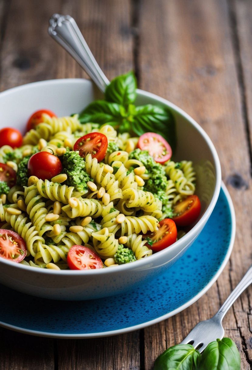 A colorful bowl of pesto corkscrew pasta salad with tomatoes, basil, and pine nuts, sitting on a rustic wooden table