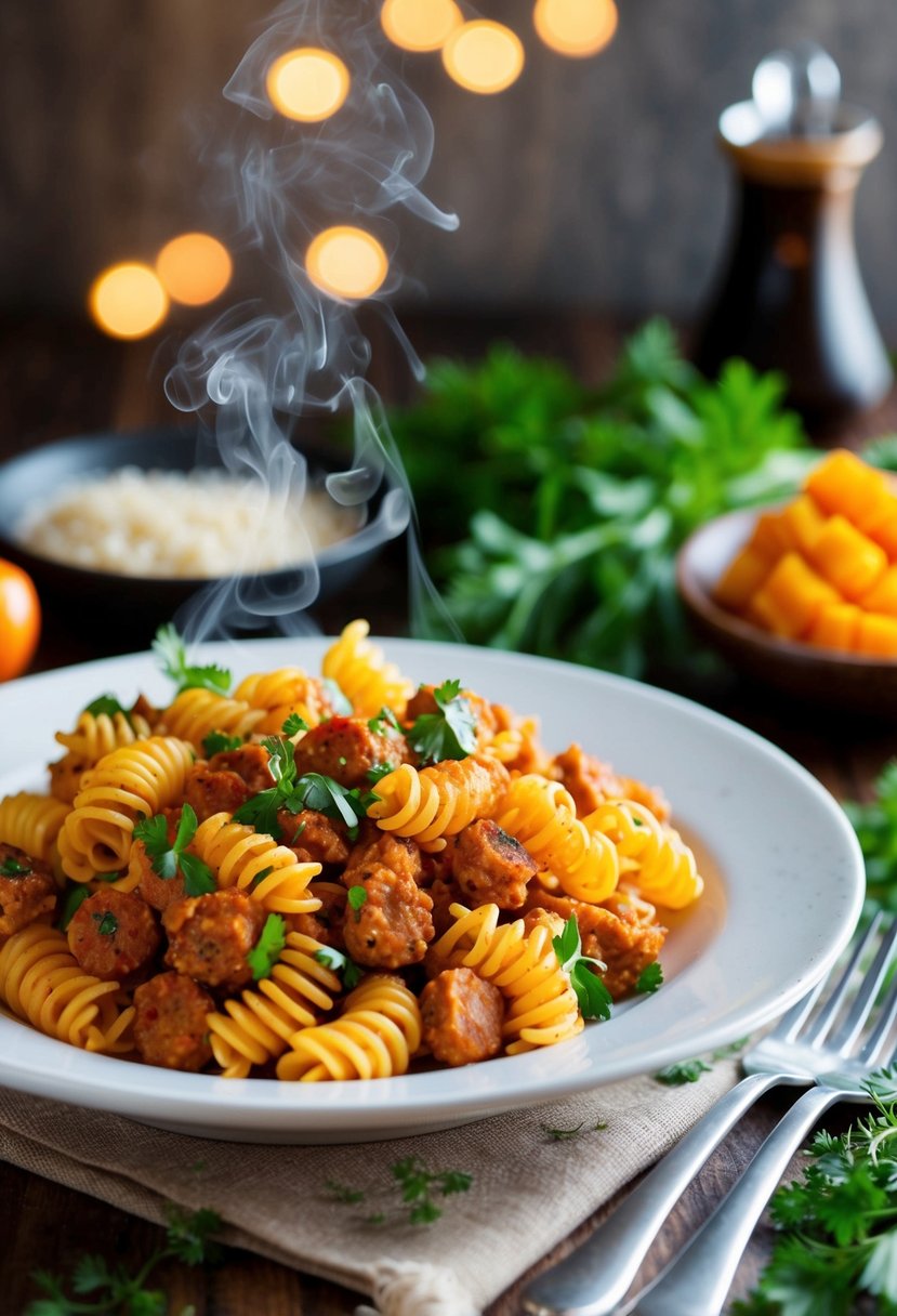 A steaming plate of spicy sausage corkscrew pasta, surrounded by fresh herbs and colorful ingredients