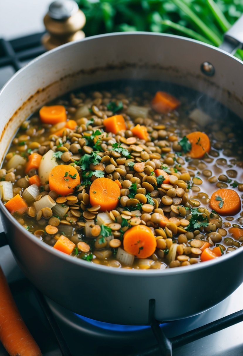 A bubbling pot of lentils, carrots, and onions simmering on a stovetop, surrounded by fresh herbs and spices