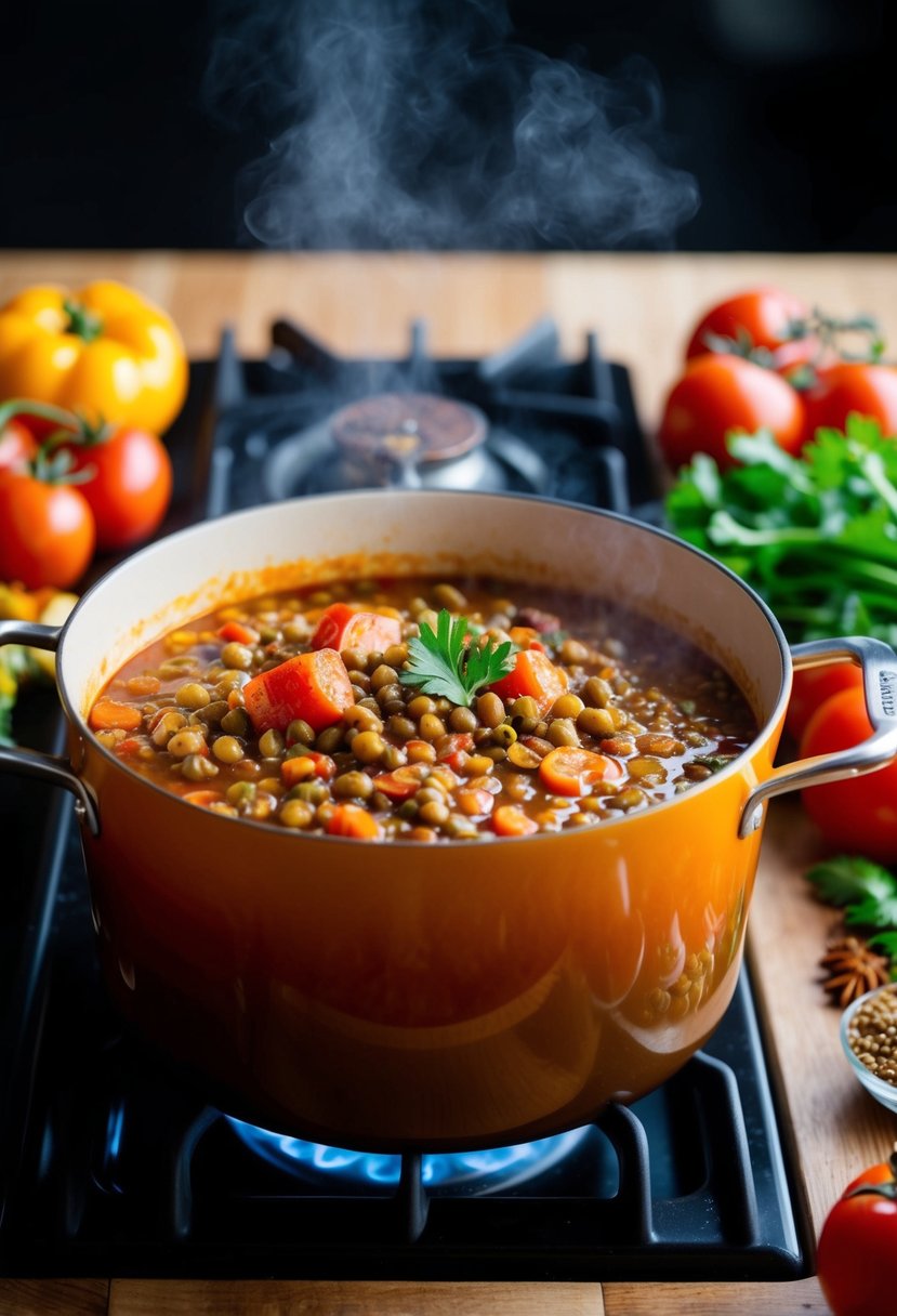 A bubbling pot of spiced lentil and tomato stew simmering on a stove, surrounded by colorful vegetables and aromatic spices