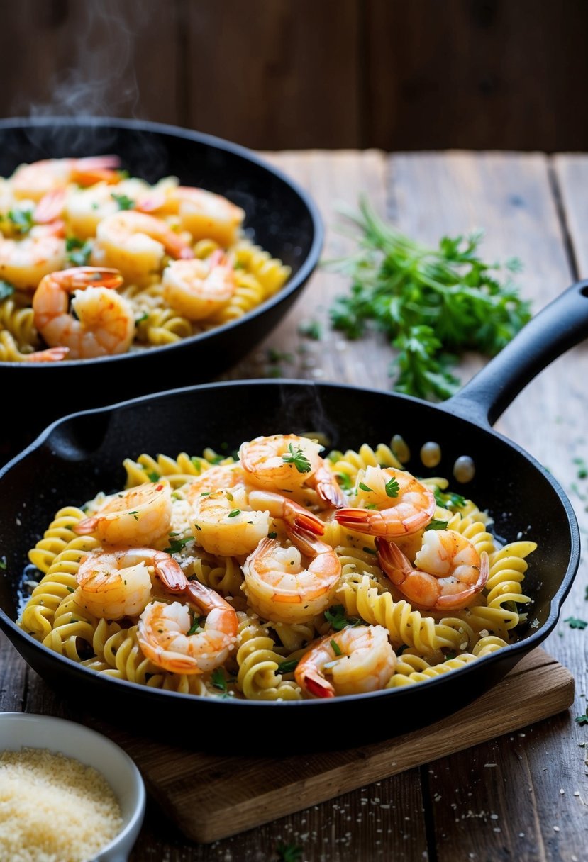 A sizzling skillet of garlic shrimp and corkscrew pasta, topped with fresh herbs and Parmesan cheese, sits on a rustic wooden table