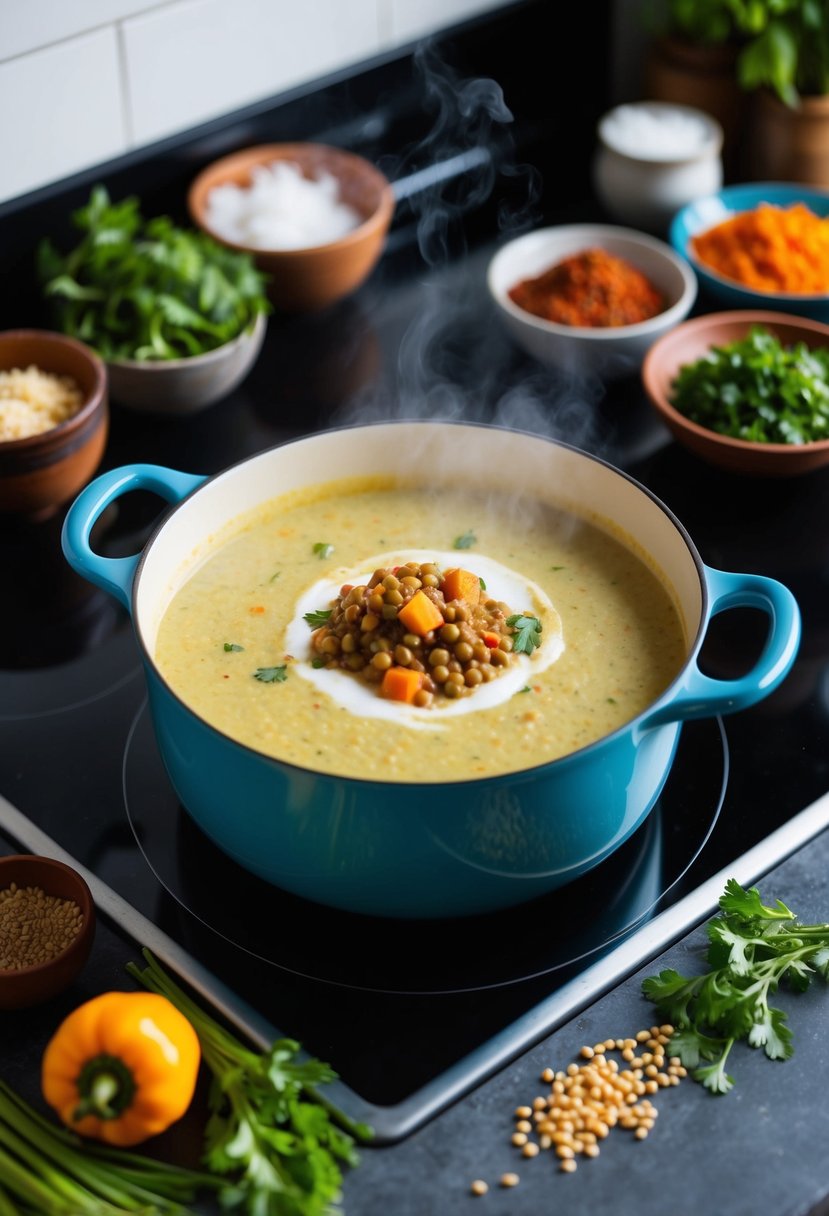 A steaming pot of creamy coconut lentil curry simmers on a stovetop, surrounded by vibrant spices, fresh herbs, and colorful vegetables